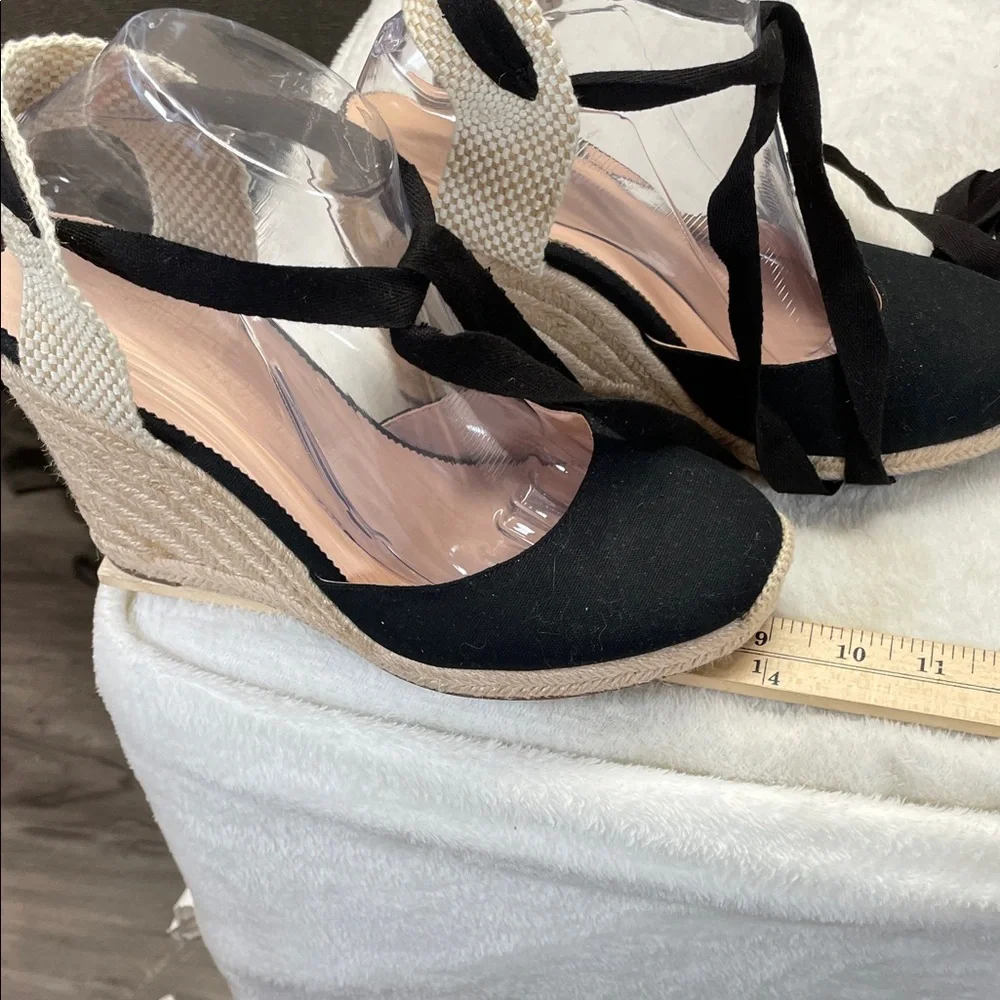 J. Crew Black and Cream Espadrille Sandals with Ankle Wrap
